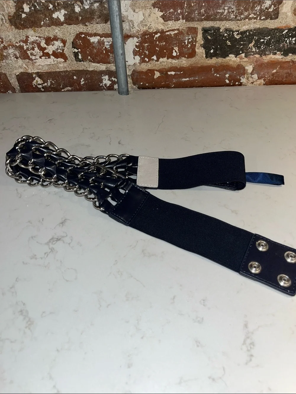 Women’s Navy Elastic Chain-Accent Belt